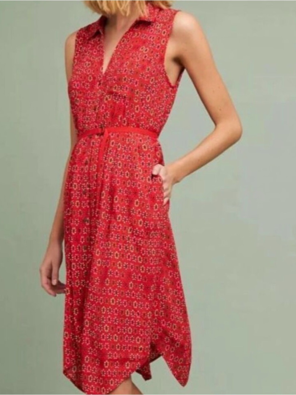 Anthropologie Maeve Red Printed Sleeveless Collared Midi Dress